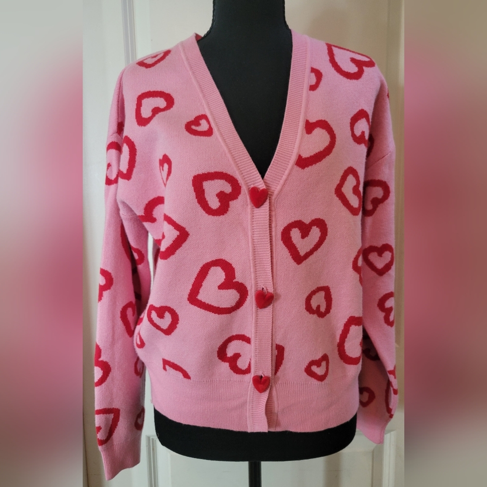 Pink Heart Patterned Women's Cardigan - Picture 3 of 6